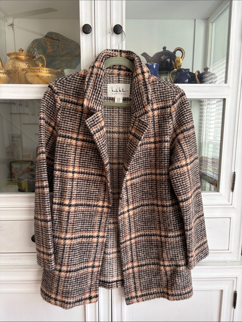 Nicole Miller Women's Plaid Wool Blend Coat - Tan & Black